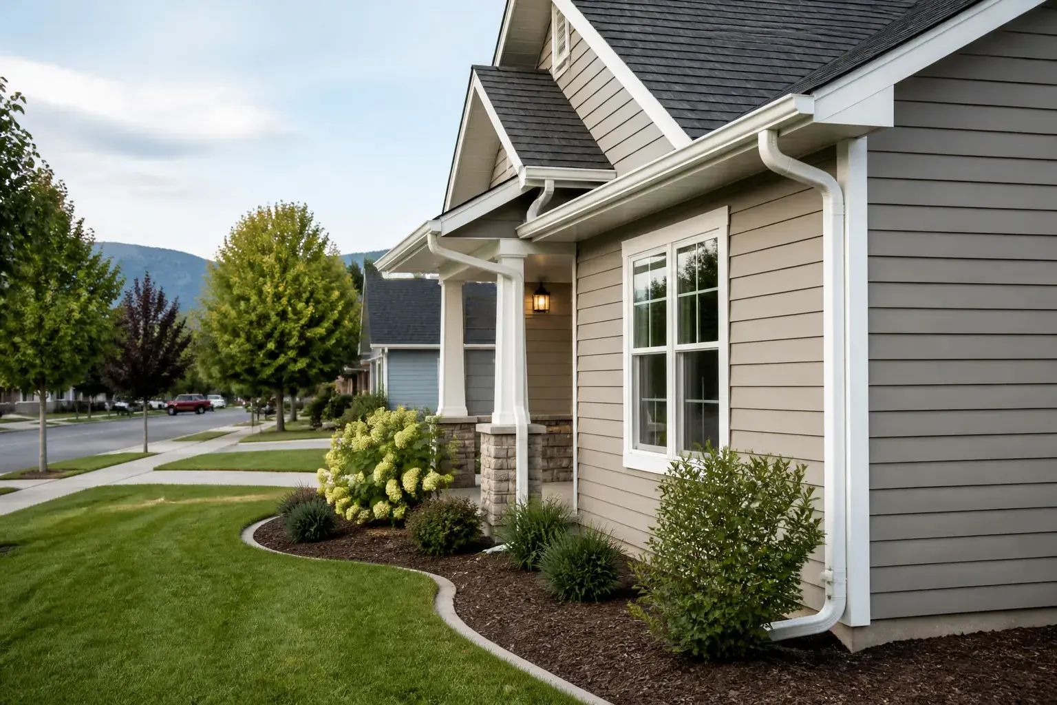 Missoula home with new gutters and a quiet residential street.