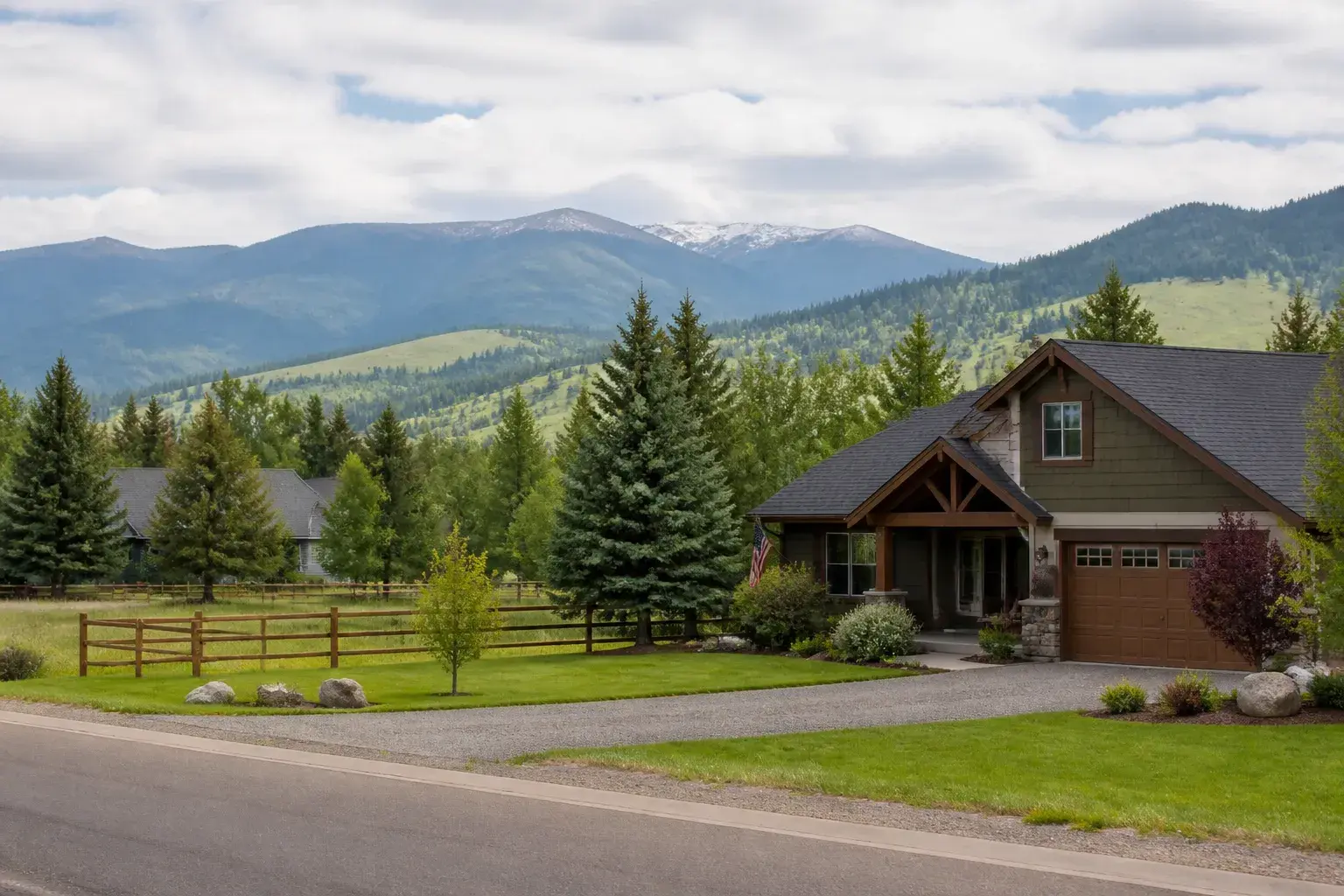 Frenchtown homes on wide lots with evergreen trees.