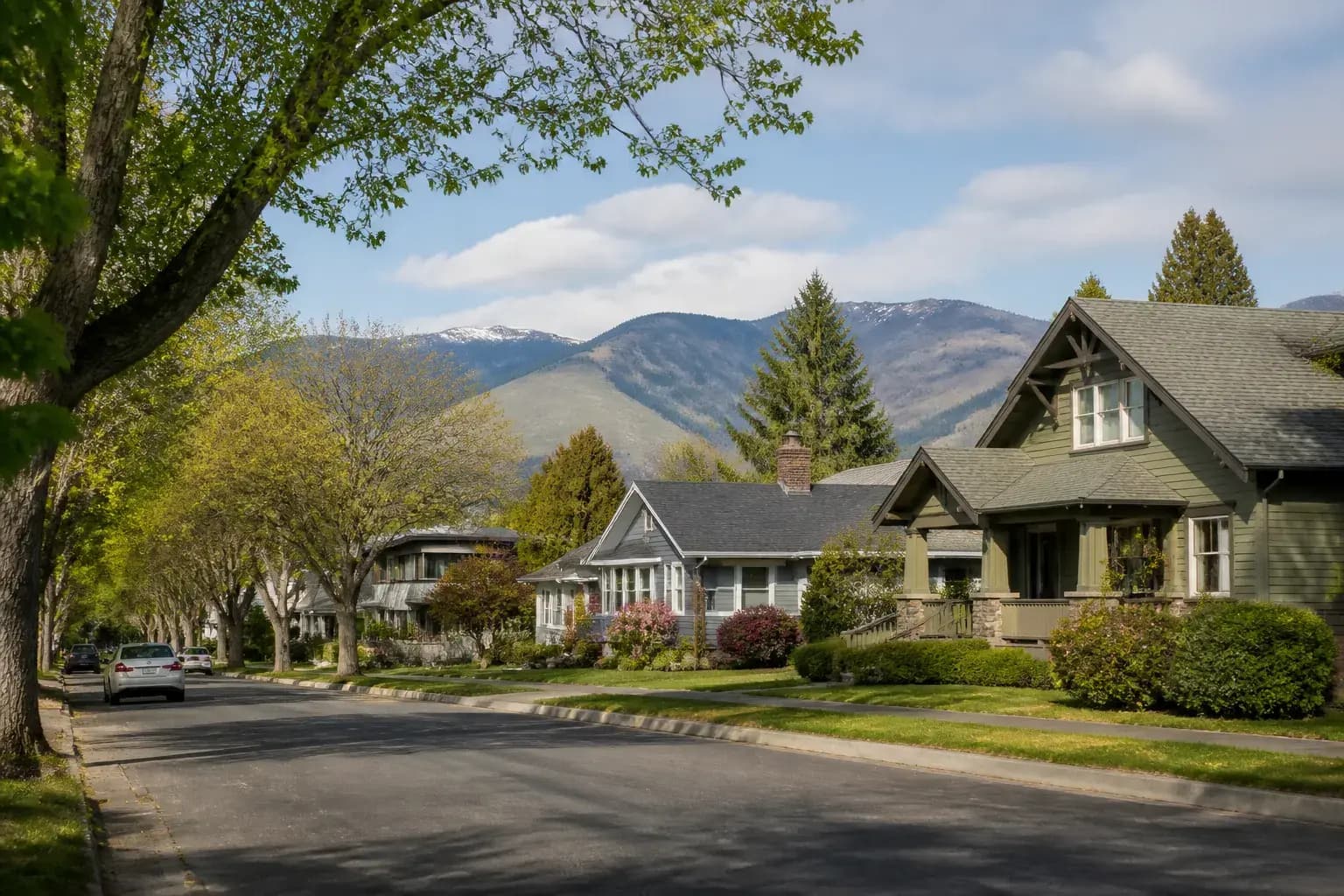Missoula neighborhood with homes, trees, and mountains.