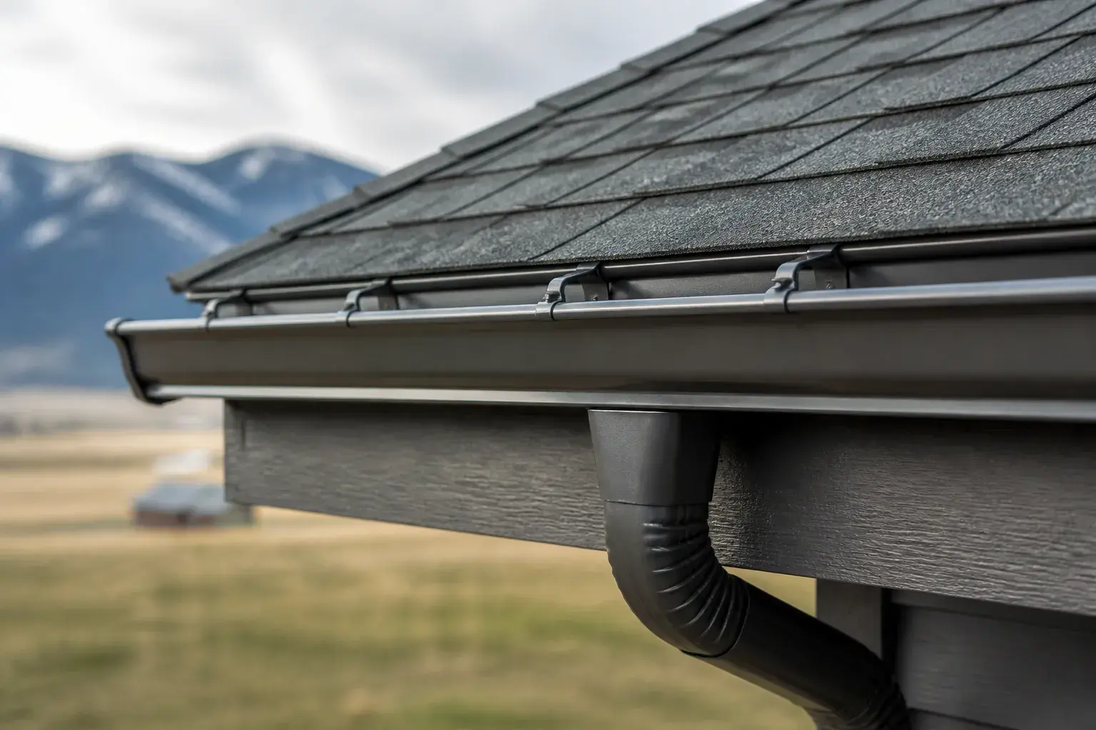Close detail of new gutters and roof edge on a house.