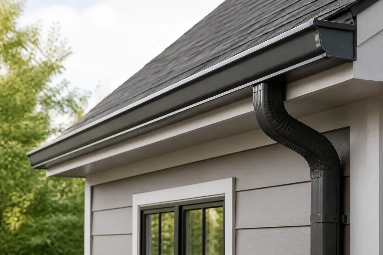 Seamless gutters and downspouts on a home exterior.